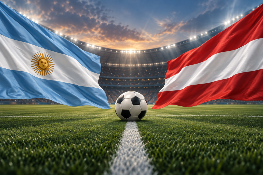 Illustration of Argentina and Austria flags beside a football in a stadium.