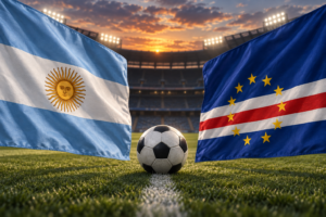 Illustration of Argentina and Cabo Verde flags beside a football in a stadium.