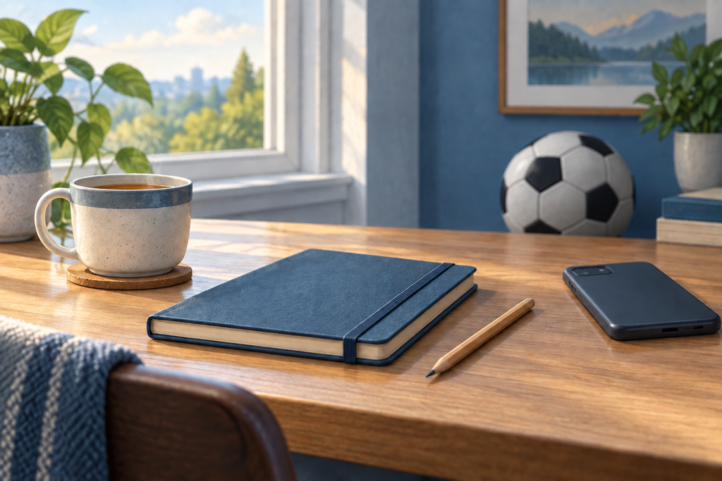 Closed notebook, face-down phone and tea beside a football, illustrating a break from betting.
