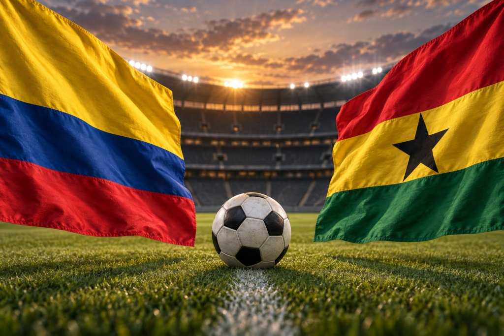 Illustration of Colombia and Ghana flags beside a football in a stadium.