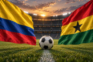 Illustration of Colombia and Ghana flags beside a football in a stadium.
