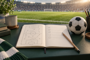 Notebook with a football pitch sketch and review checklist beside a football.